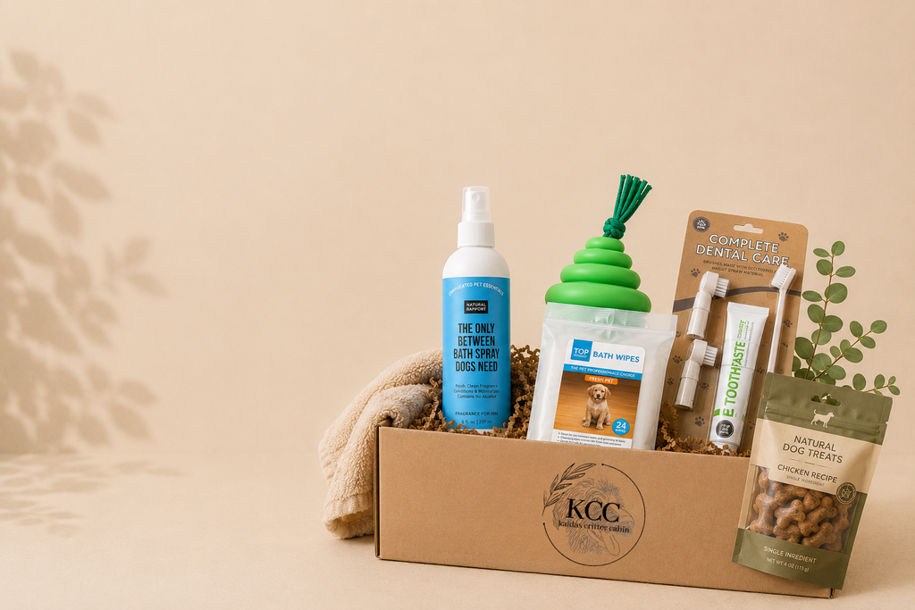 KCC Care Crate with bath spray, bath wipes, dental care kit, chew toy, and natural dog treats